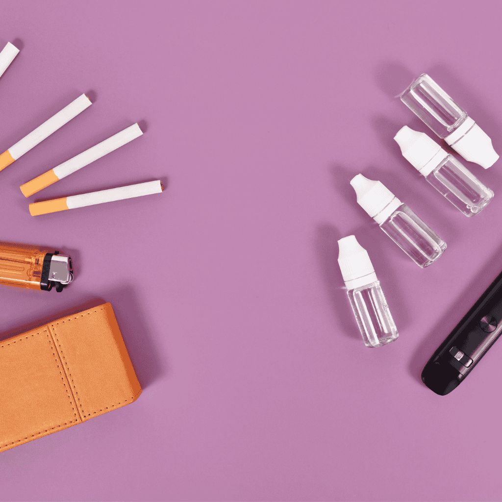 A comparison of cigarettes on the left and vapes and liquid on the right