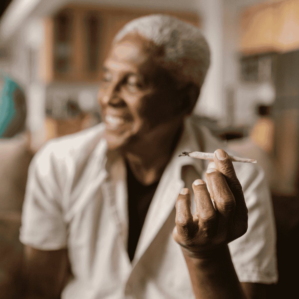 A Man holding a Joint in the camera and laughing to his left 